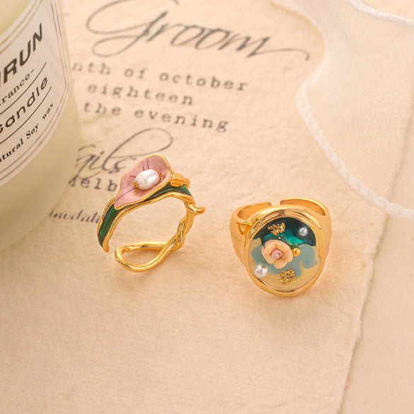 Wholesale Copper Natural Pearl Flower Open Ring For Women With Electroplating Design