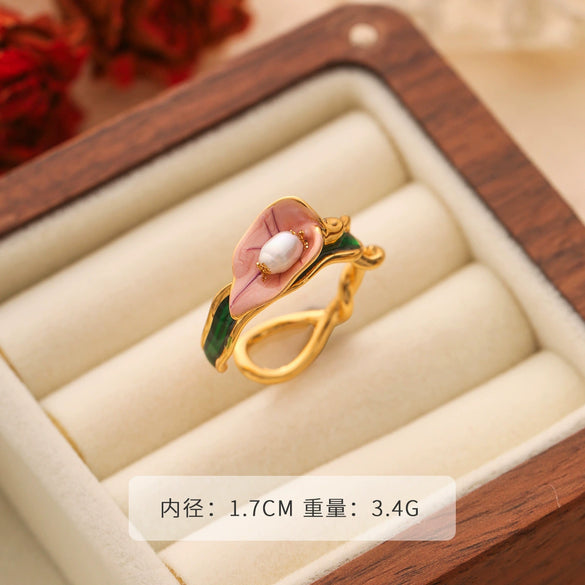 Wholesale Copper Natural Pearl Flower Open Ring For Women With Electroplating Design