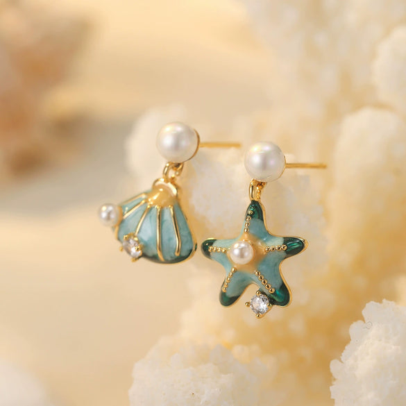 Wholesale Copper Natural Pearl Starfish Shell Asymmetric Geometric Earrings With Electroplating For Women