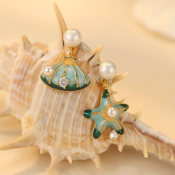 Wholesale Copper Natural Pearl Starfish Shell Asymmetric Geometric Earrings With Electroplating For Women