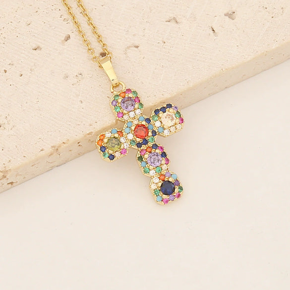 Wholesale Copper Necklace With Cross Pendant And Microinlaid Zircon 18K Gold Plated Personalized Style