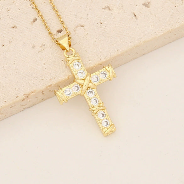 Wholesale Copper Necklace With Cross Pendant And Microinlaid Zircon 18K Gold Plated Personalized Style