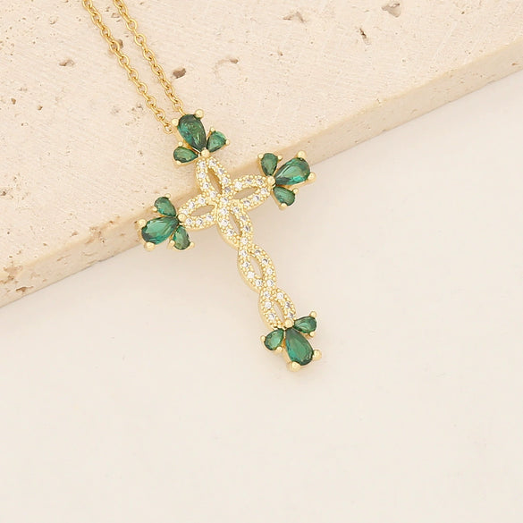 Wholesale Copper Necklace With Cross Pendant And Microinlaid Zircon 18K Gold Plated Personalized Style