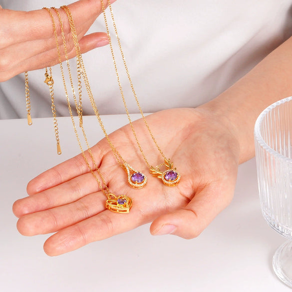 Wholesale Copper Necklace With Mixed Gemstone Inlay Zircon Purple Electroplated O Chain Drop Shape Heart Shape For Women