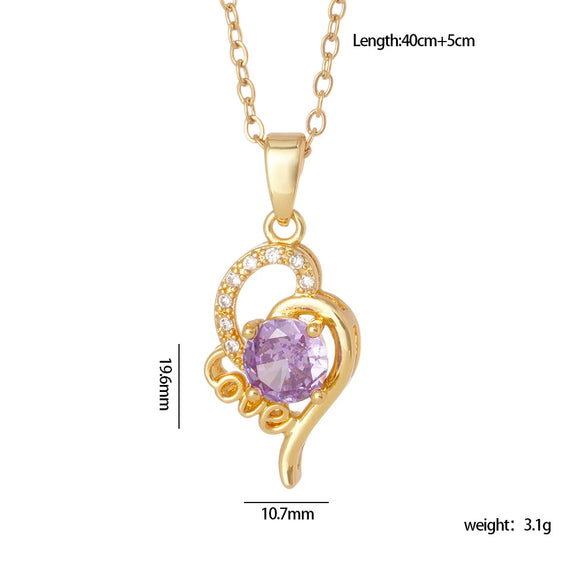 Wholesale Copper Necklace With Mixed Gemstone Inlay Zircon Purple Electroplated O Chain Drop Shape Heart Shape For Women