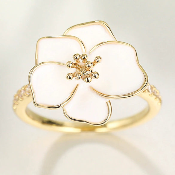 Wholesale Copper Pastoral Style Flower Leaves Zircon Inlaid Finger Ring