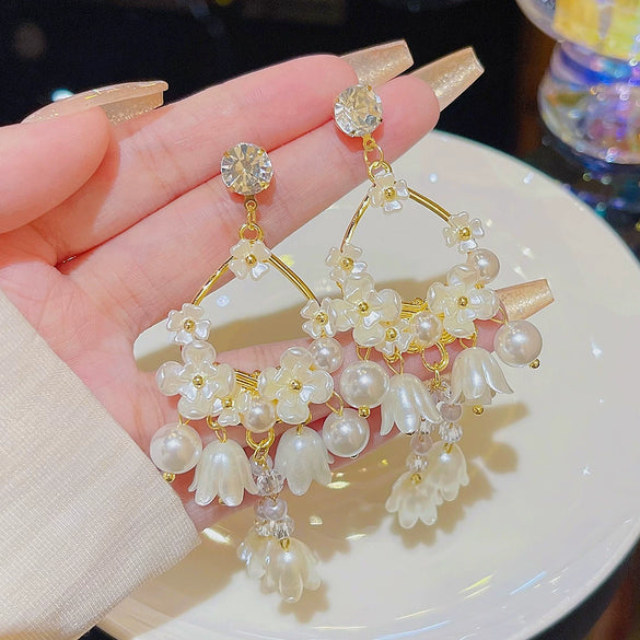 Wholesale Copper Petal Earrings Set With Pearls Flower Design