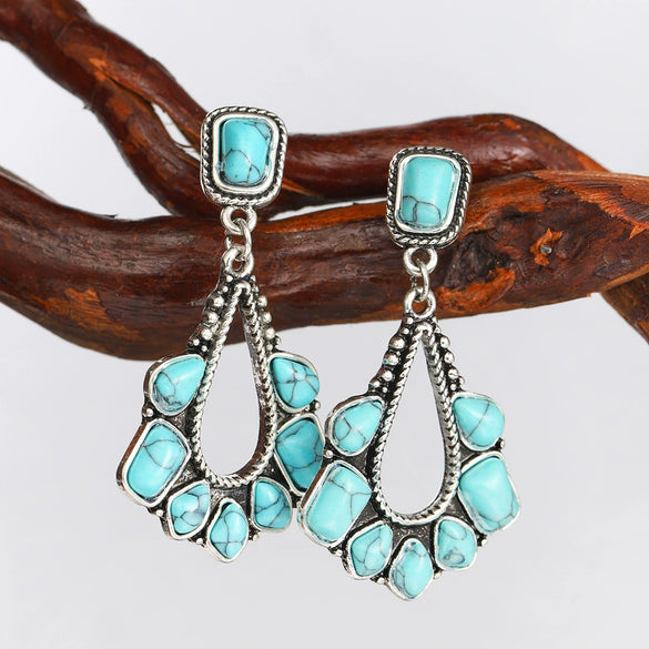 Wholesale Copper Plated Ancient Silver Turquoise Geometric Earrings For Ladies