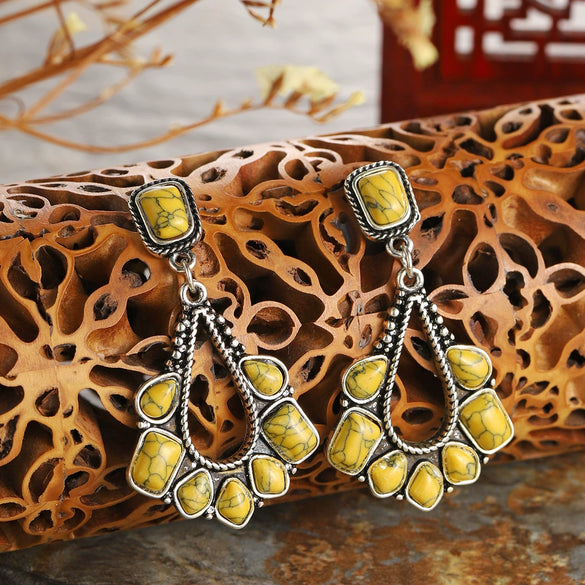 Wholesale Copper Plated Ancient Silver Turquoise Geometric Earrings For Ladies
