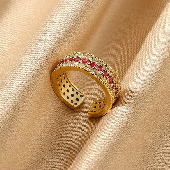 Wholesale Copper Plated 18K Gold Color Zircon Wave Leaf Ring Jewelry Luxury Simple Ins Style Electroplating Process