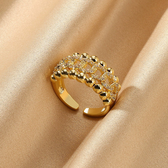 Wholesale Copper Plated 18K Gold Color Zircon Wave Leaf Ring Jewelry Luxury Simple Ins Style Electroplating Process