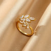 Wholesale Copper Plated 18K Gold Color Zircon Wave Leaf Ring Jewelry Luxury Simple Ins Style Electroplating Process