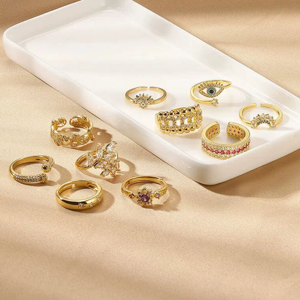 Wholesale Copper Plated 18K Gold Color Zircon Wave Leaf Ring Jewelry Luxury Simple Ins Style Electroplating Process