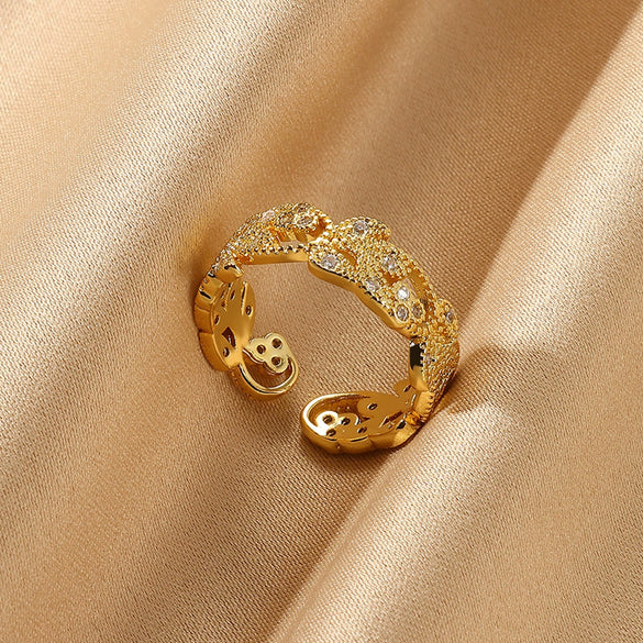 Wholesale Copper Plated 18K Gold Color Zircon Wave Leaf Ring Jewelry Luxury Simple Ins Style Electroplating Process