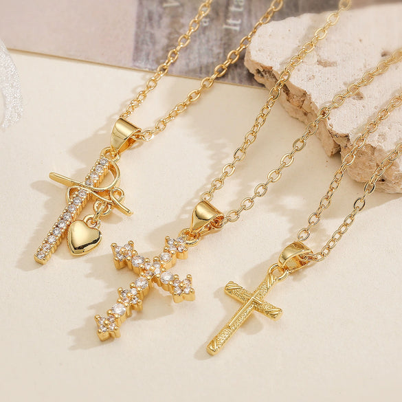 Wholesale Copper Plated 18K Gold Geometric Cross Pendant Necklace For Women Simple Style
