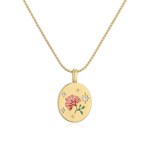 Wholesale Copper Plated 18K Gold Heart Shape Oil Dripping Cherry Blossom Petal O Word Chain Necklace For Women