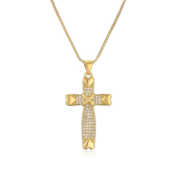 Wholesale Copper Plated 18K Gold Zircon Geometric Cross Pendant Necklace For Women Simple Retro Style