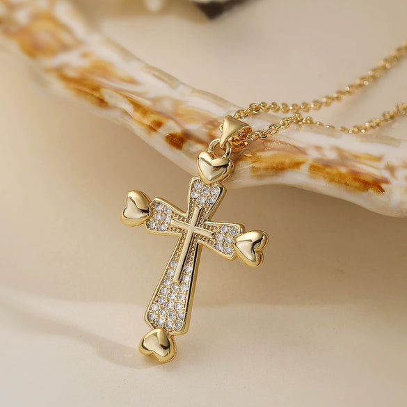 Wholesale Copper Plated 18K Gold Zircon Geometric Cross Pendant Necklace For Women