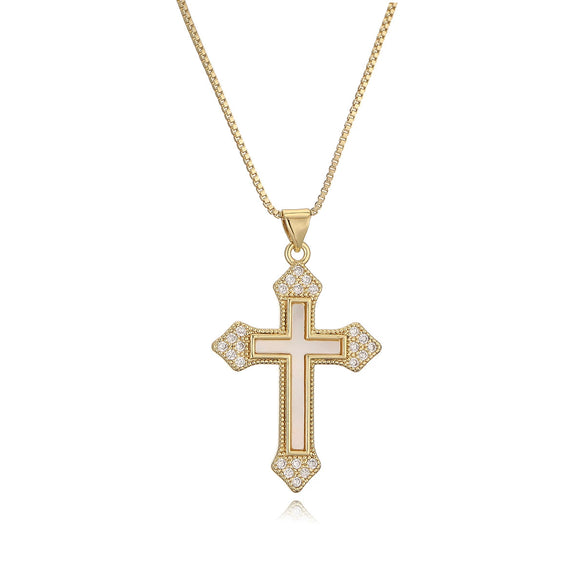Wholesale Copper Plated 18K Gold Zircon White Shellfish Geometric Cross Pendant Necklace For Women Minimalist Style