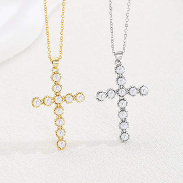 Wholesale Copper Plated Real Gold Cross Beaded Geometric Design Necklace