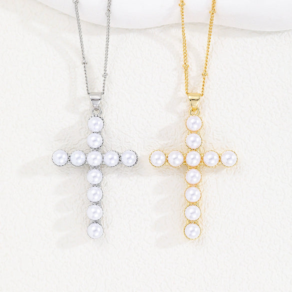 Wholesale Copper Plated Real Gold Cross Beaded Geometric Design Necklace