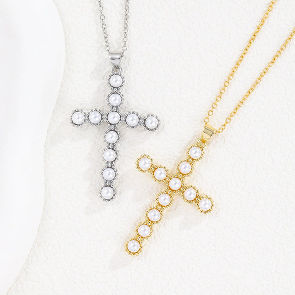 Wholesale Copper Plated Real Gold Cross Beaded Geometric Design Necklace