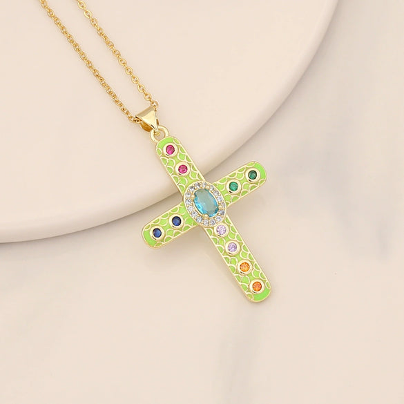 Wholesale Copper Retro Cross Pendant Necklace With Oildropping Design For Women