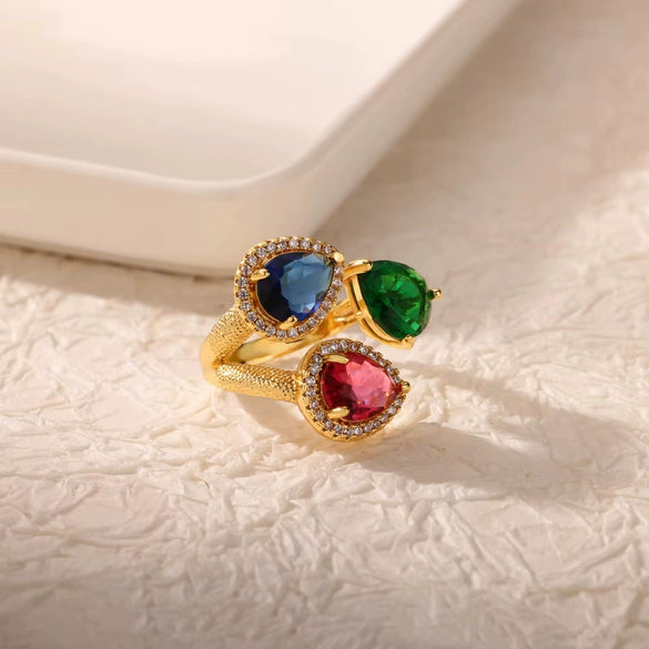 Wholesale Copper Retro Luxury Water Drop Geometric Oval Heart Shape Electroplated Zircon Ring Unisex