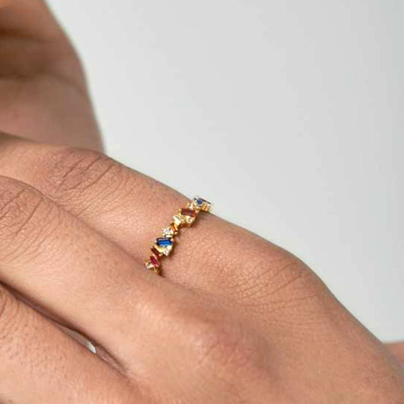 Wholesale Copper Ring Inlaid With Colorful Zircon Geometric Retro Style For Women Electroplated
