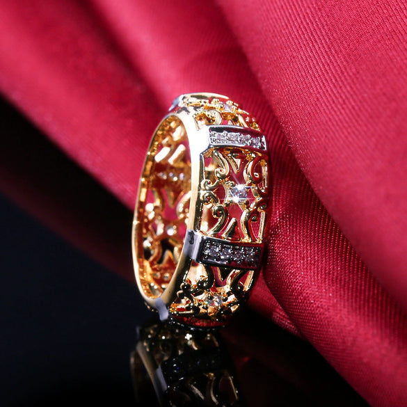 Wholesale Copper Ring With Double Color Plating Hollow Pattern Flower Design And Zircon For Women