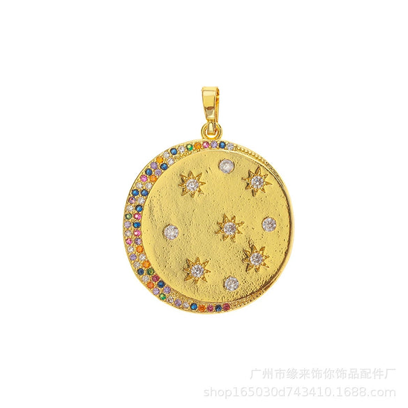 Wholesale Copper Round Pendant Necklace With Electroplated Finish And Star Moon Diamond Design Jewelry