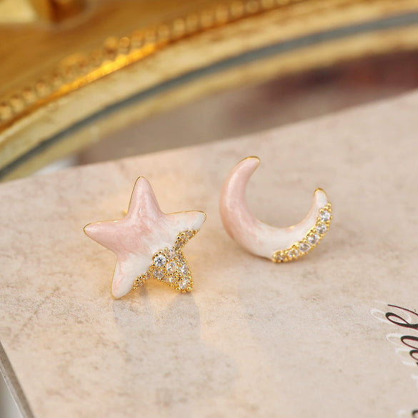 Wholesale Copper S925 Silver Needle Geometric Oil Dripping Star Moon Earrings For Women Electroplated