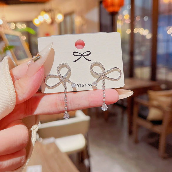 Wholesale Copper Silver Plated Bow Shaped Zircon Inlaid Women's Earrings Sweet Style