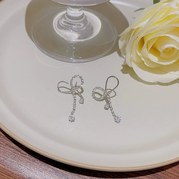 Wholesale Copper Silver Plated Bow Shaped Zircon Inlaid Women's Earrings Sweet Style