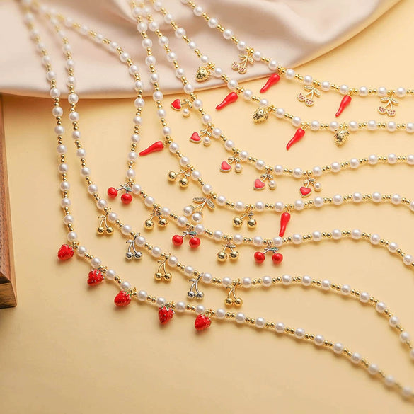 Wholesale Copper Sweet Fruitstyle Pendant Necklace With Dripping Oil Treatment And Pearl Chain