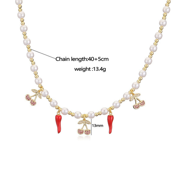 Wholesale Copper Sweet Fruitstyle Pendant Necklace With Dripping Oil Treatment And Pearl Chain