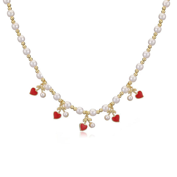 Wholesale Copper Sweet Fruitstyle Pendant Necklace With Dripping Oil Treatment And Pearl Chain