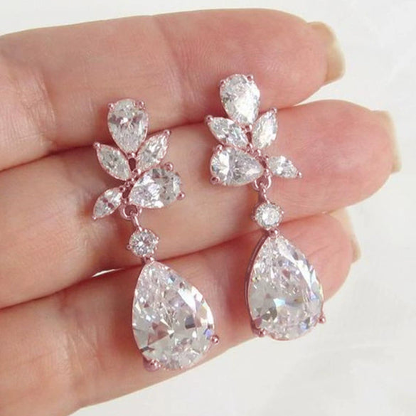 Wholesale Copper Sweet Pear Shaped Water Drop Zircon Earrings For Bridal Light Luxury Style