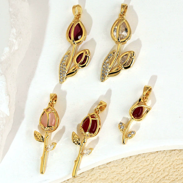 Wholesale Copper Tulip Zircon Flower Leaf Pattern Micropaved Necklace For Female With Cartoon Style