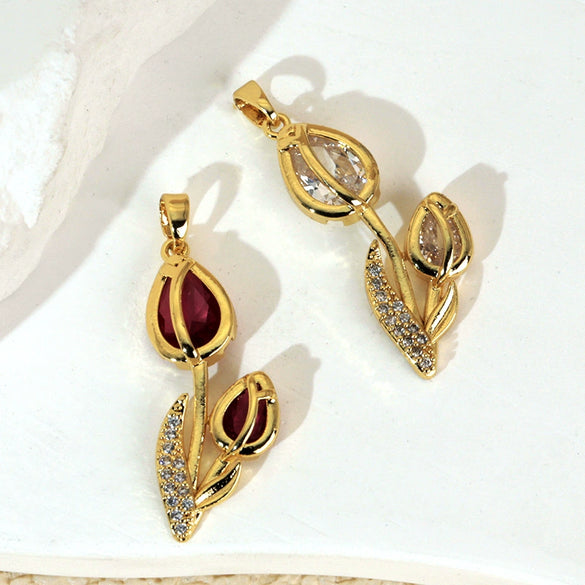 Wholesale Copper Tulip Zircon Flower Leaf Pattern Micropaved Necklace For Female With Cartoon Style
