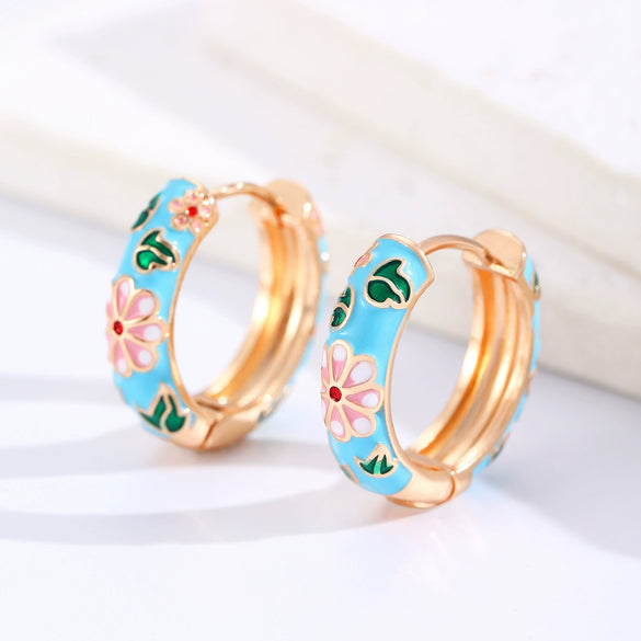 Wholesale Copper Women's Personality Flower Dripping Oil Circle Earring