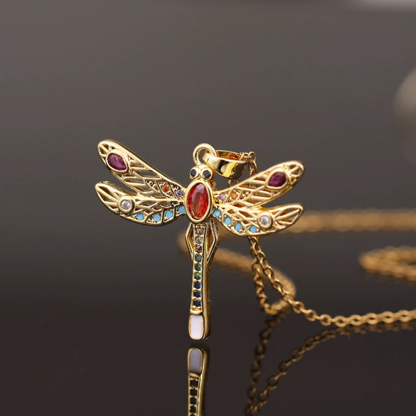 Wholesale Copper Zircon Electroplated Gold Dragonfly Pendant Necklace For Women Minimalist Animal Style