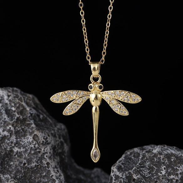 Wholesale Copper Zircon Electroplated Gold Dragonfly Pendant Necklace For Women Minimalist Animal Style