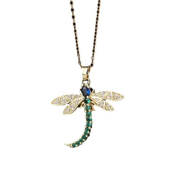 Wholesale Copper Zircon Electroplated Gold Dragonfly Pendant Necklace For Women Minimalist Animal Style