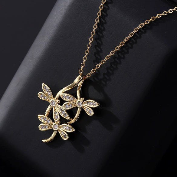 Wholesale Copper Zircon Electroplated Gold Dragonfly Pendant Necklace For Women Minimalist Animal Style