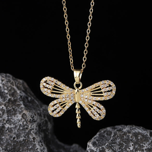 Wholesale Copper Zircon Electroplated Gold Dragonfly Pendant Necklace For Women Minimalist Animal Style
