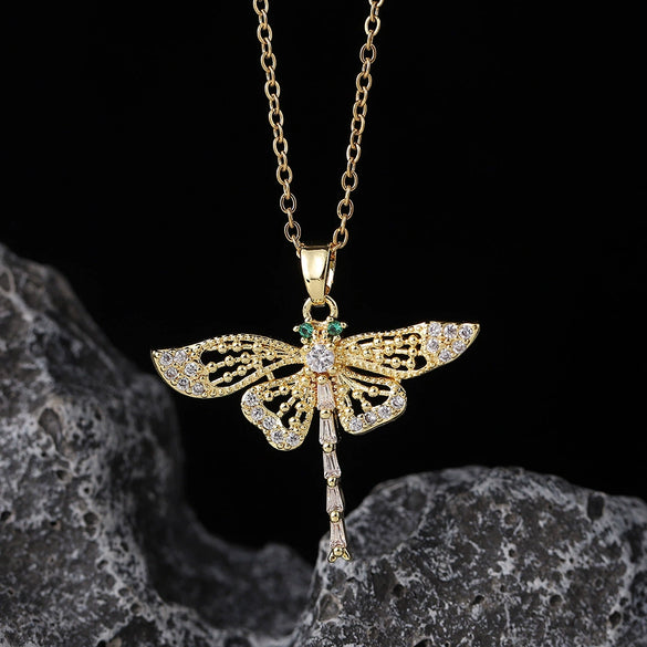 Wholesale Copper Zircon Electroplated Gold Dragonfly Pendant Necklace For Women Minimalist Animal Style