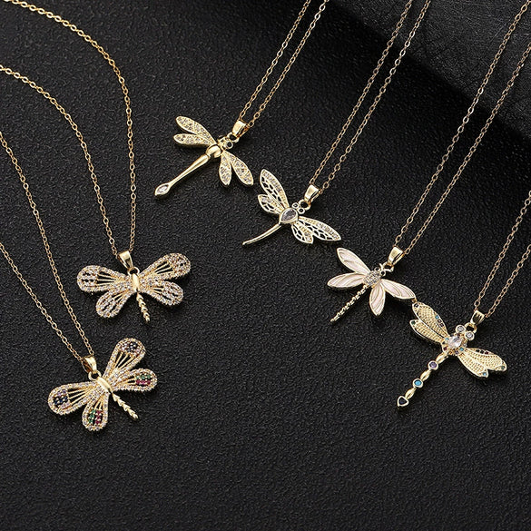 Wholesale Copper Zircon Electroplated Gold Dragonfly Pendant Necklace For Women Minimalist Animal Style