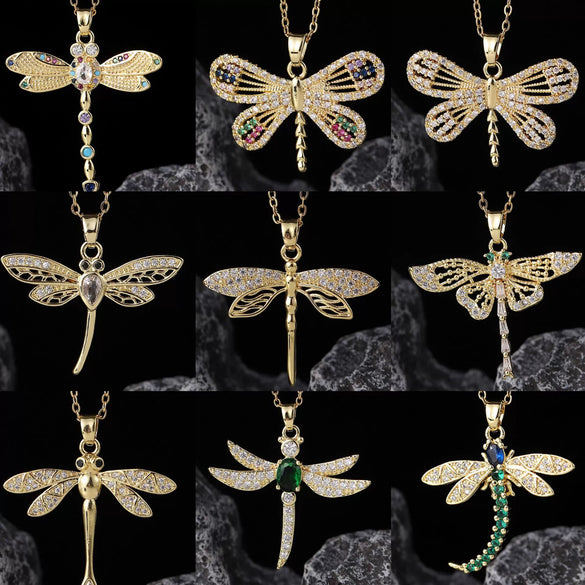 Wholesale Copper Zircon Electroplated Gold Dragonfly Pendant Necklace For Women Minimalist Animal Style