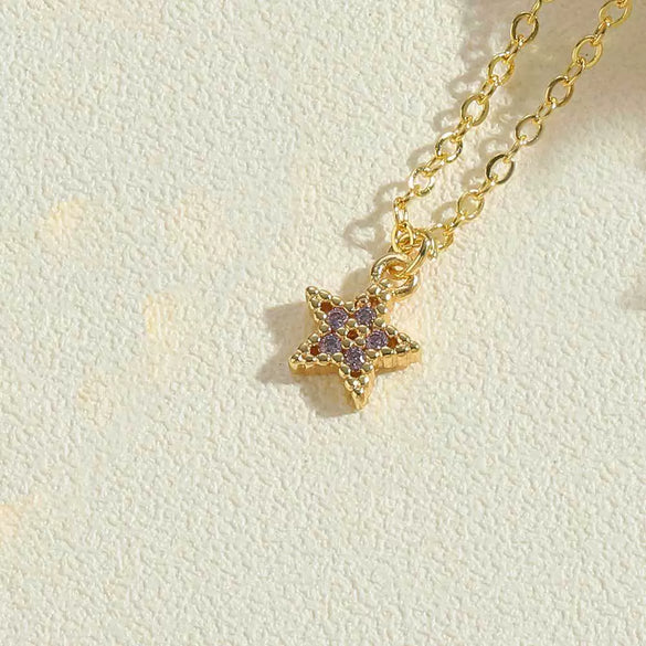 Wholesale Copper Zircon Fivepointed Star Pendant Necklace With Mixed Gem Inlay And Electroplating Treatment For Women